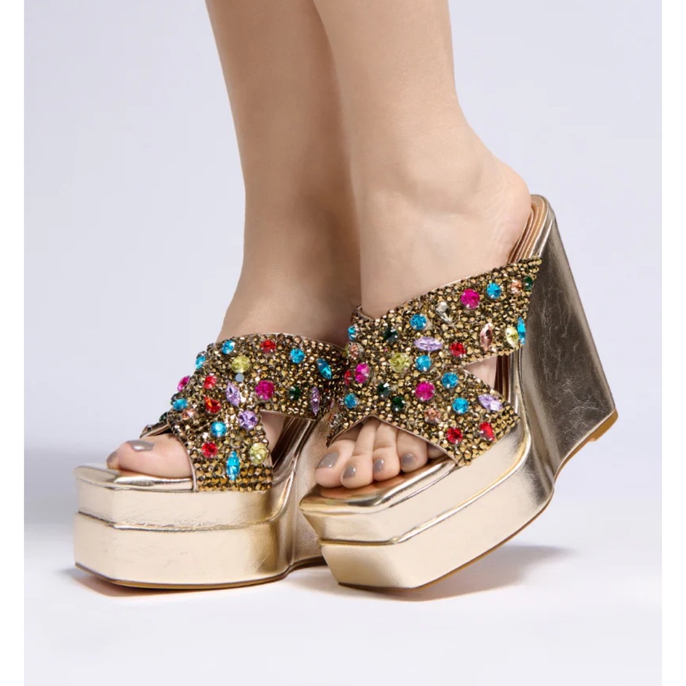 AZALEA WANG CHEERY GOLD EMBELLISHED WEDGE SANDAL